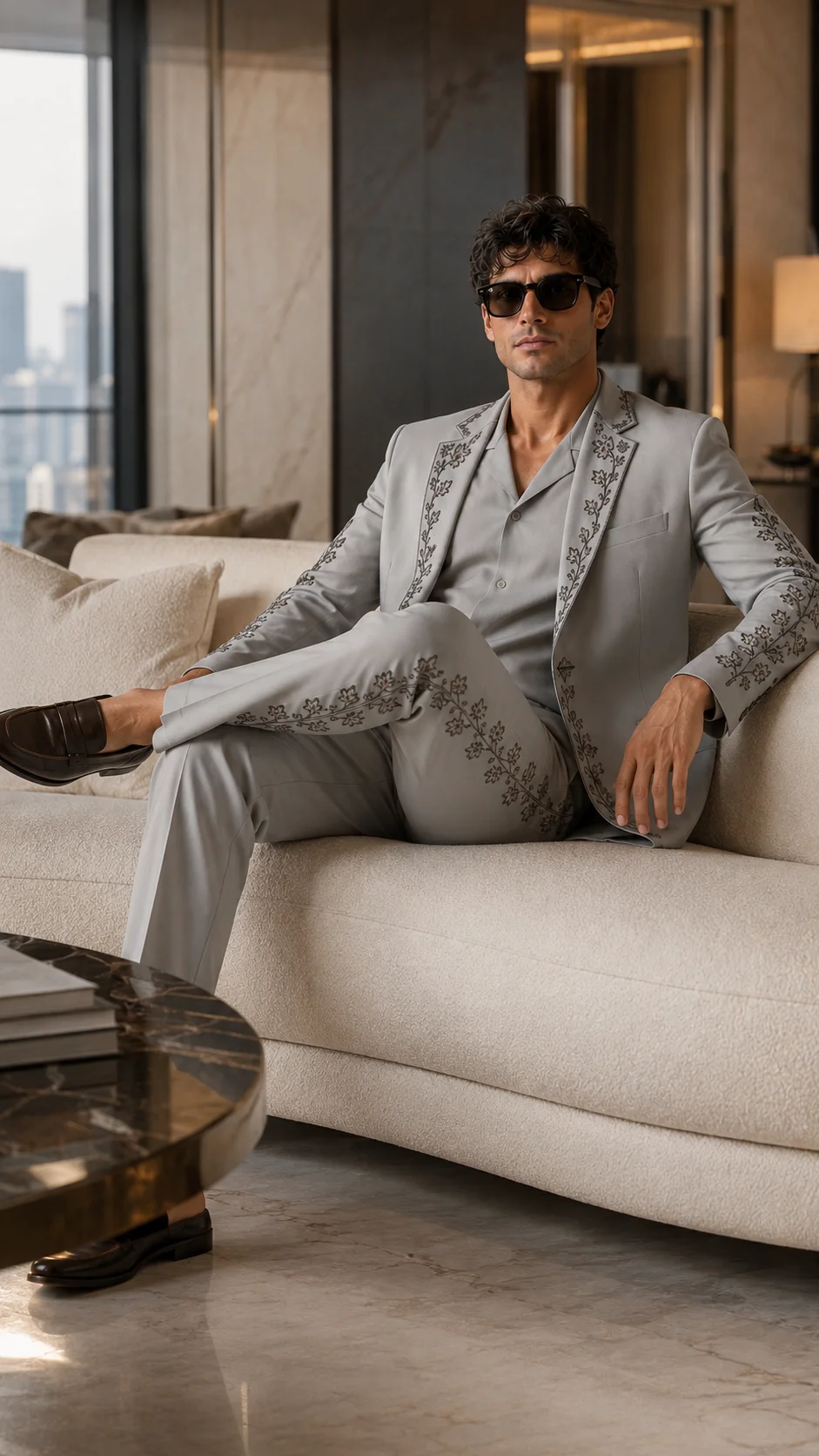 Shop a luxury grey embroidered men’s suit in premium TR Viscose with high-density floral Resham embroidery. Made to order for weddings and special occasions.