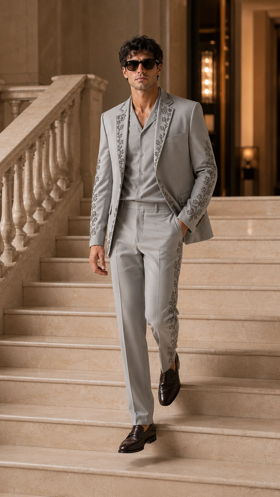 Shop a luxury grey embroidered men’s suit in premium TR Viscose with high-density floral Resham embroidery. Made to order for weddings and special occasions.