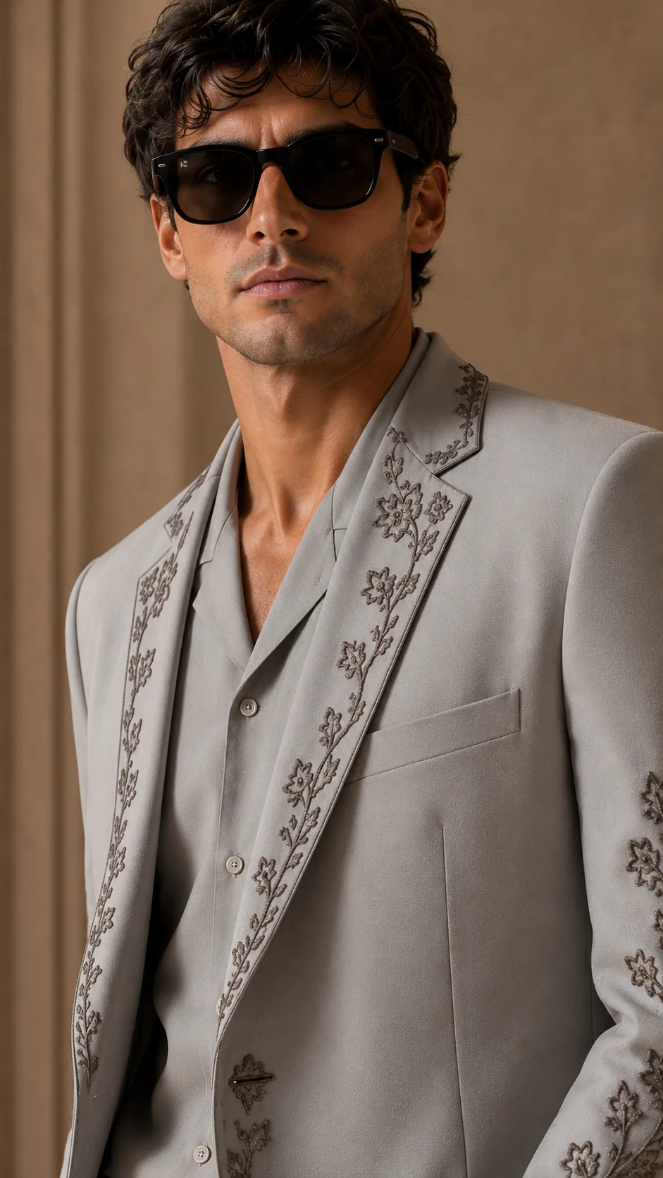 Shop a luxury grey embroidered men’s suit in premium TR Viscose with high-density floral Resham embroidery. Made to order for weddings and special occasions.