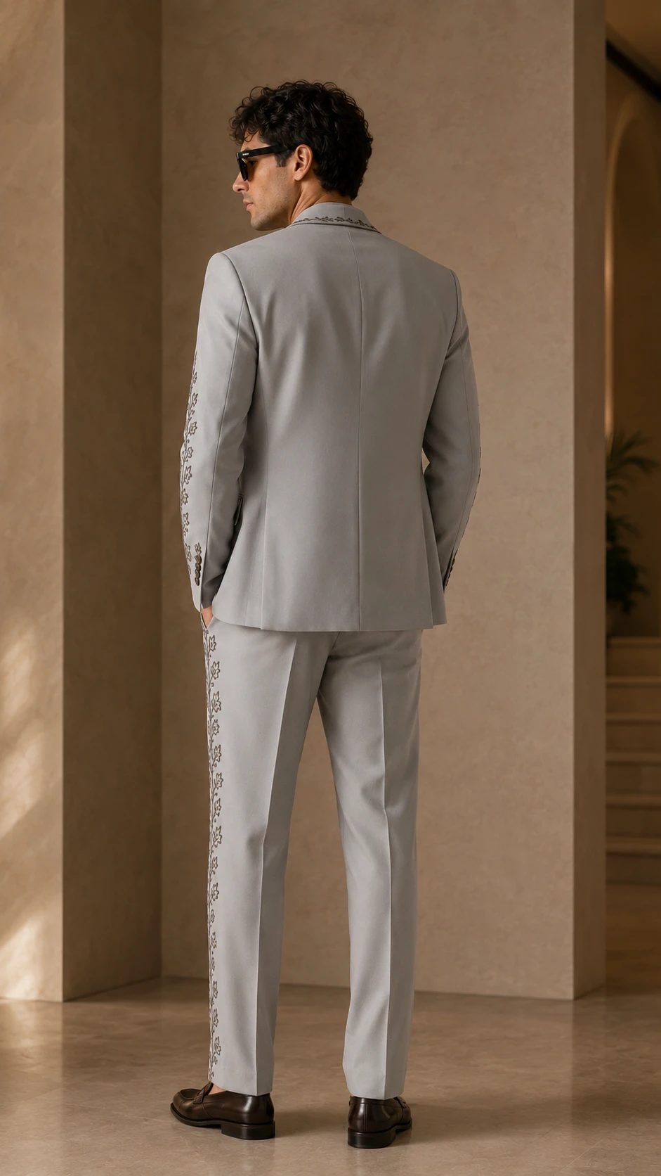 Shop a luxury grey embroidered men’s suit in premium TR Viscose with high-density floral Resham embroidery. Made to order for weddings and special occasions.