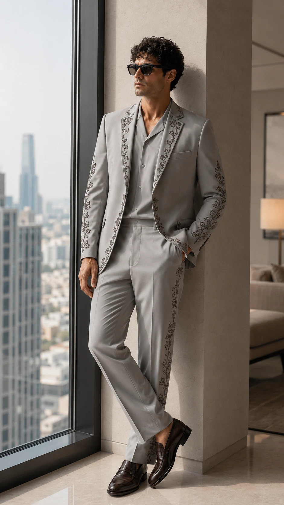 Shop a luxury grey embroidered men’s suit in premium TR Viscose with high-density floral Resham embroidery. Made to order for weddings and special occasions.