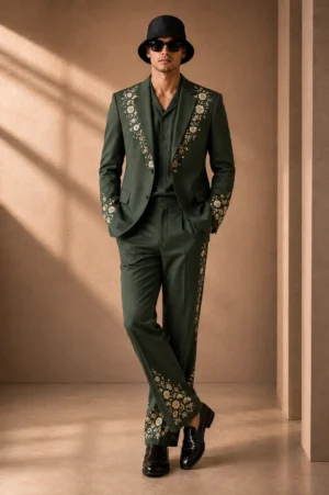 Olive green embroidered men’s suit with floral Resham embroidery