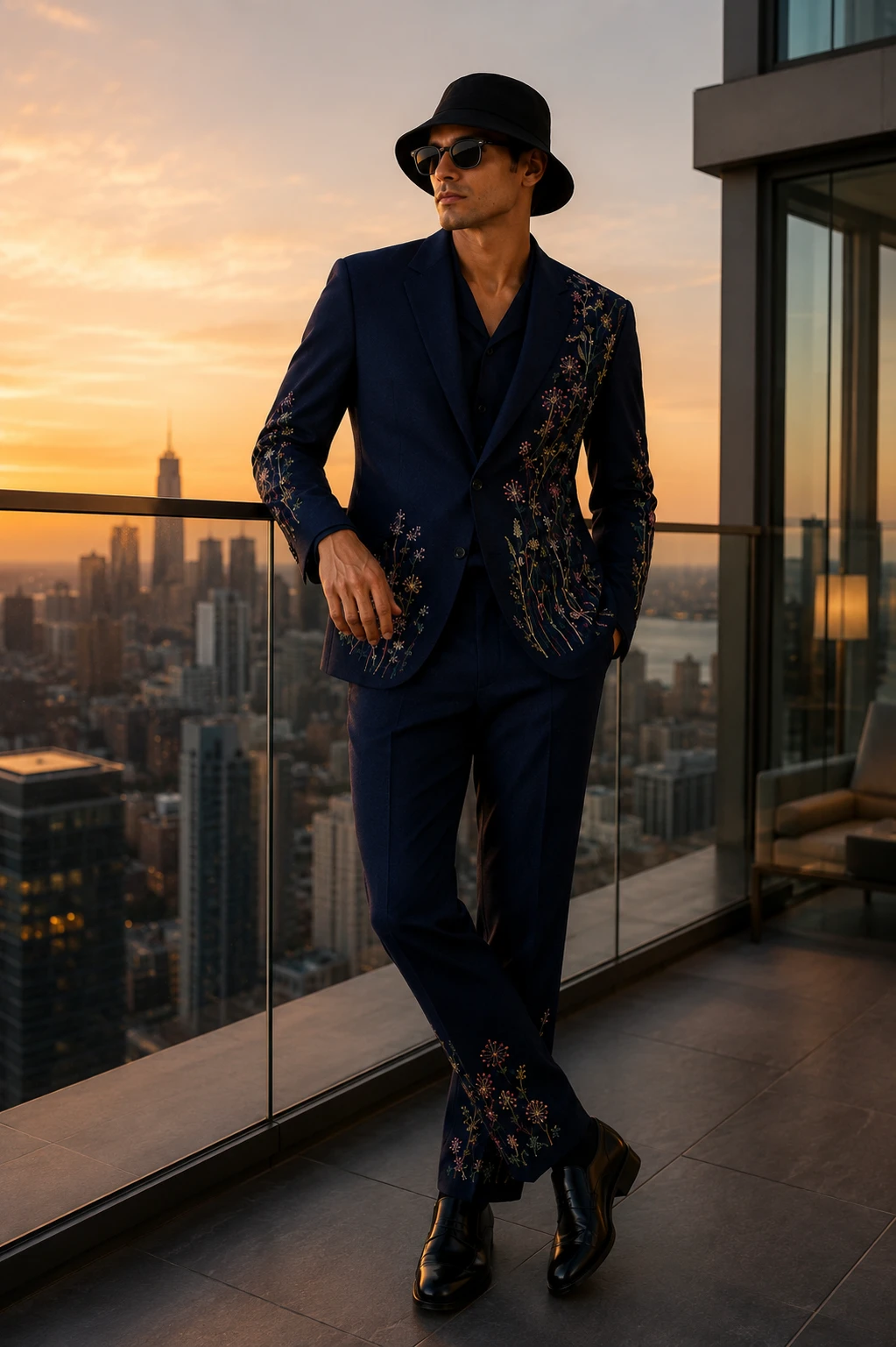 Navy embroidered men’s suit with colorful floral threadwork