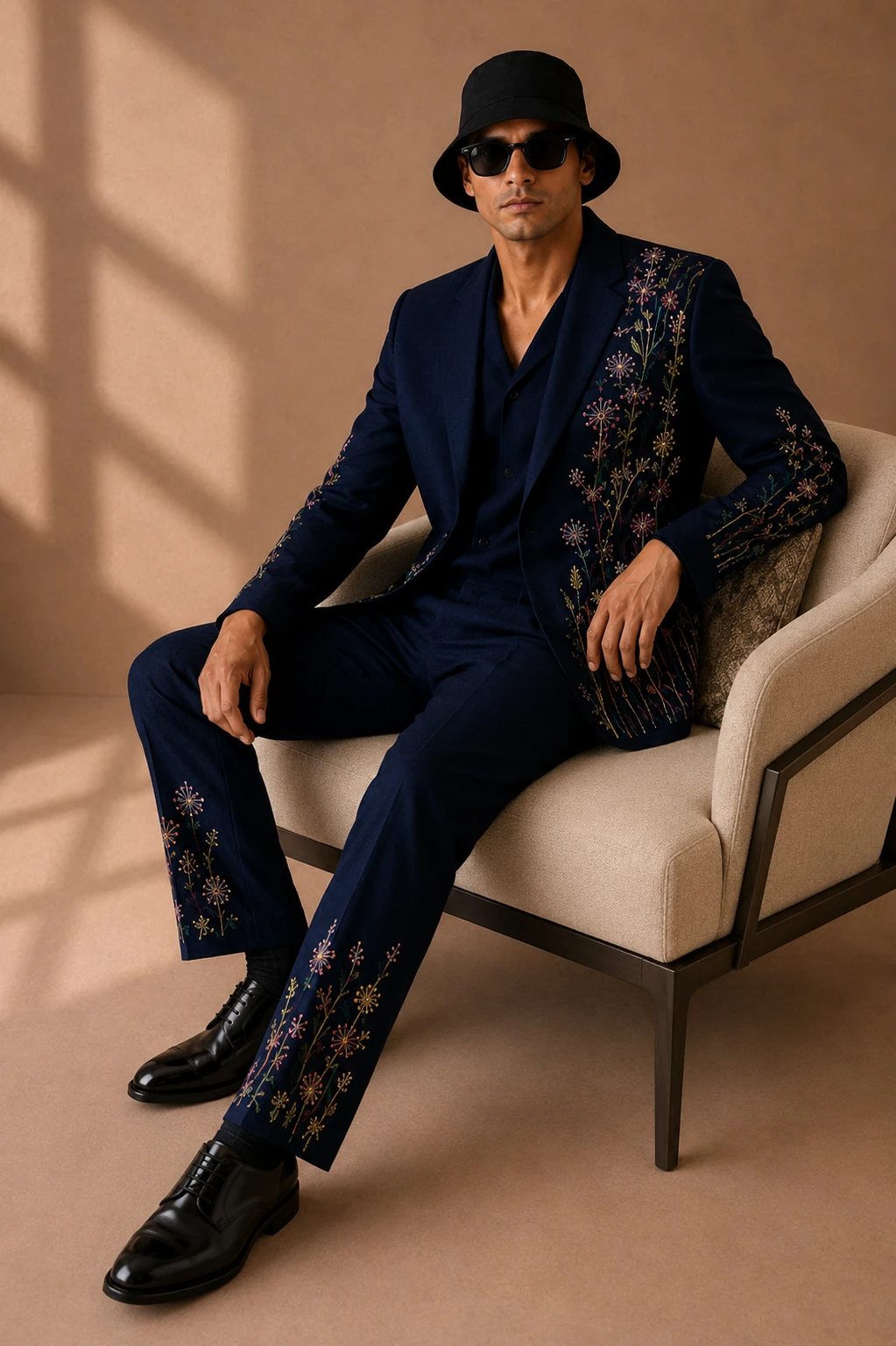 Navy embroidered men’s suit with colorful floral threadwork