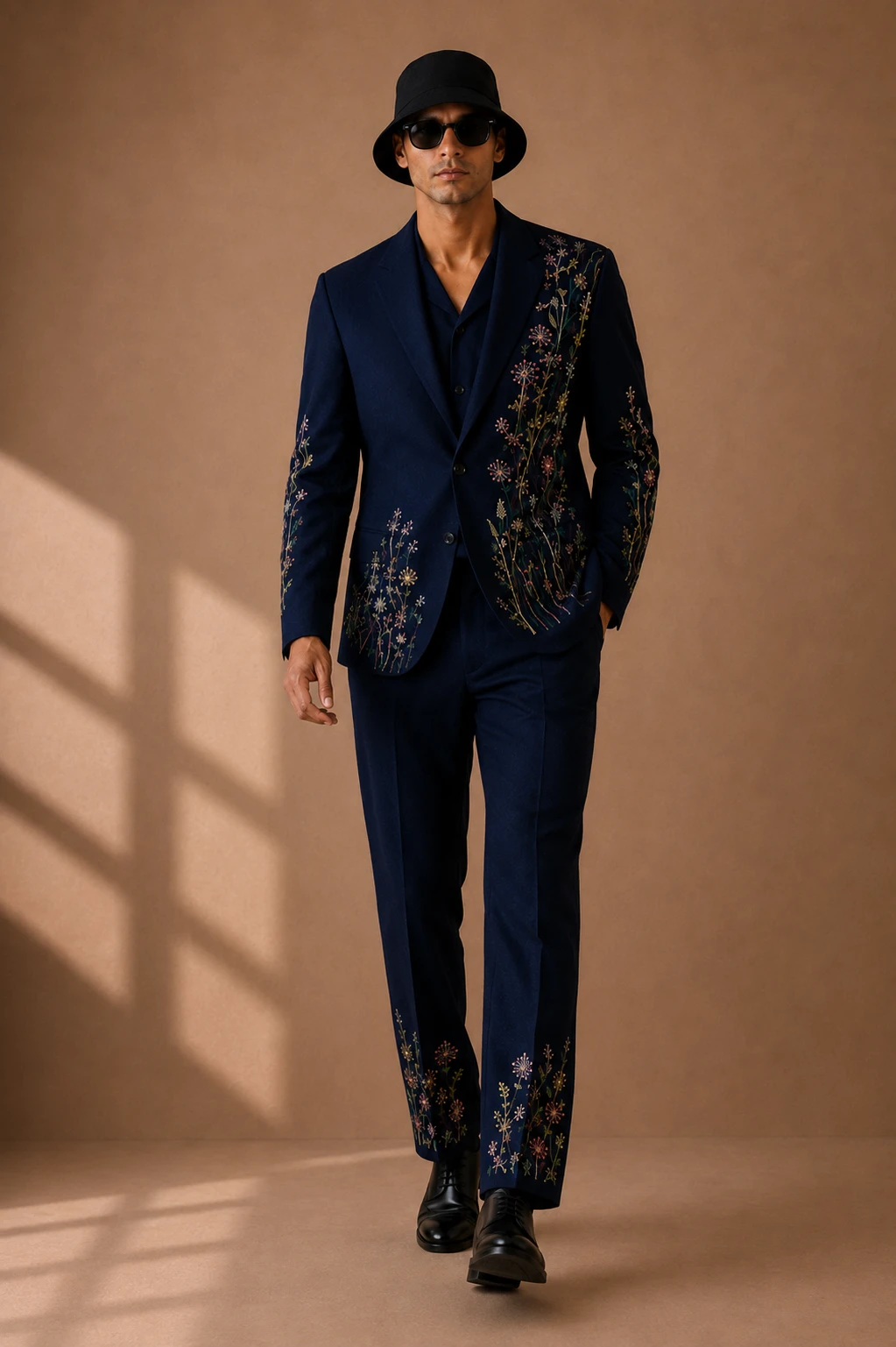 Navy embroidered men’s suit with colorful floral threadwork