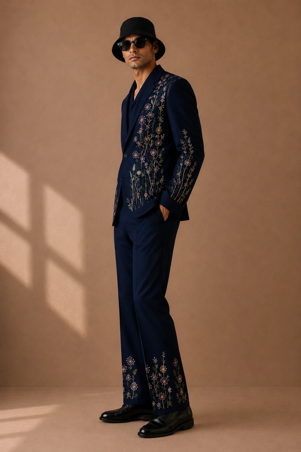 Navy embroidered men’s suit with colorful floral threadwork