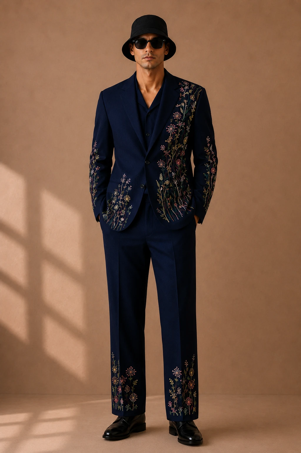 Navy embroidered men’s suit with colorful floral threadwork
