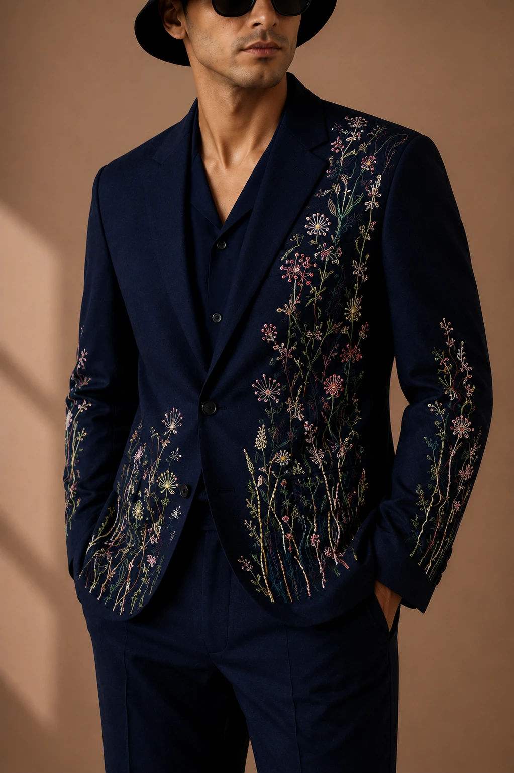 Navy embroidered men’s suit with colorful floral threadwork