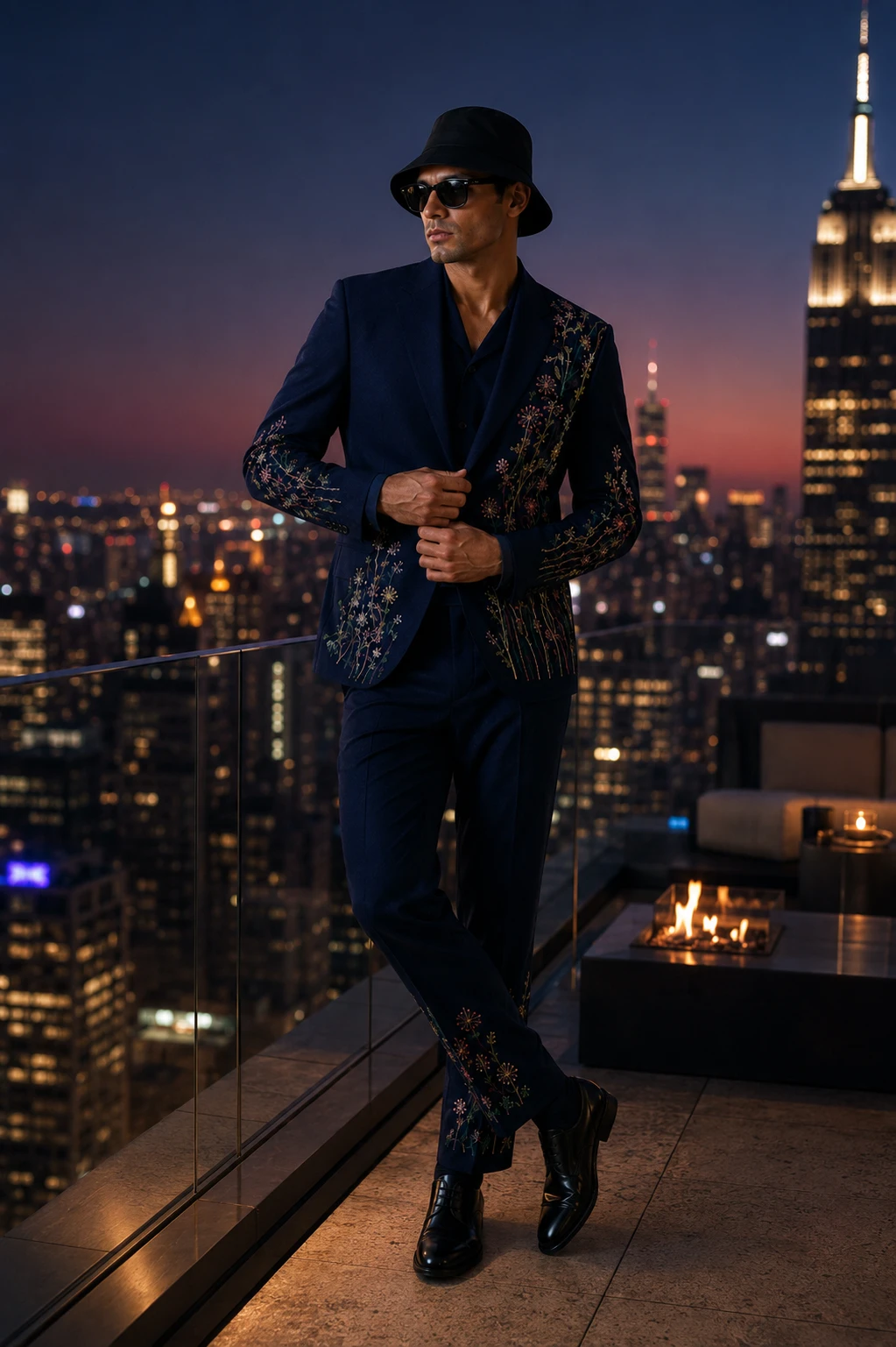 Navy embroidered men’s suit with colorful floral threadwork