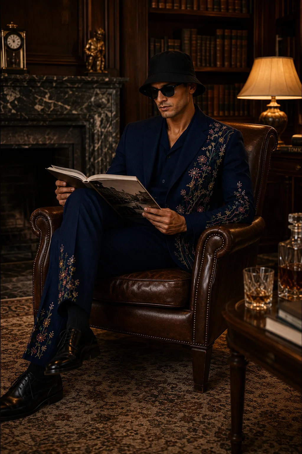 Navy embroidered men’s suit with colorful floral threadwork