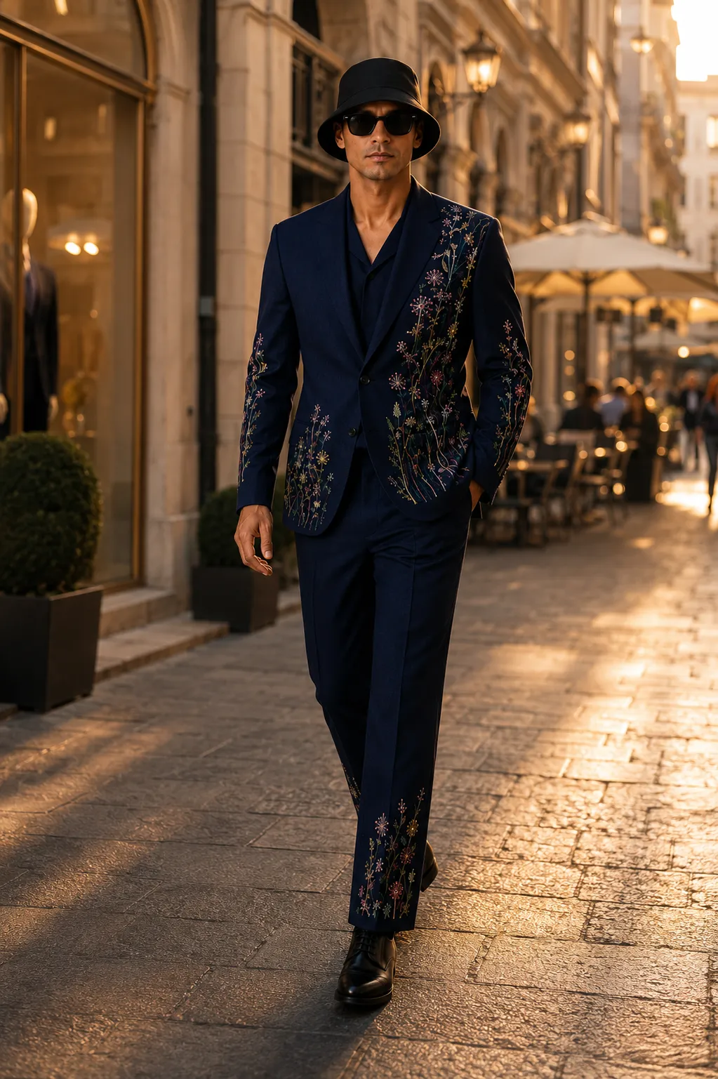 Navy embroidered men’s suit with colorful floral threadwork