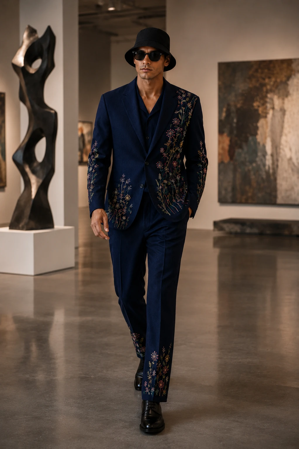 Navy embroidered men’s suit with colorful floral threadwork