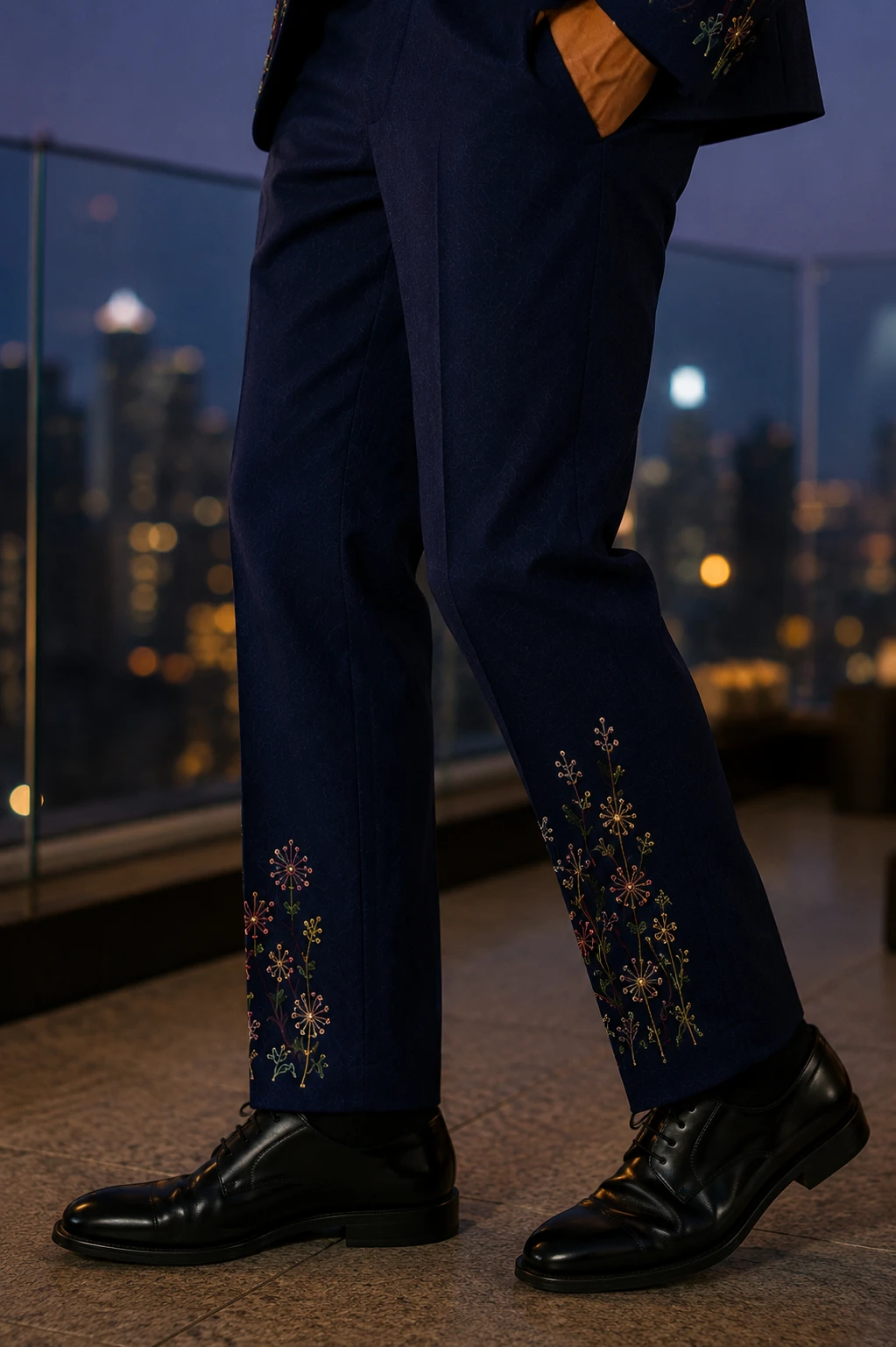 Navy embroidered men’s suit with colorful floral threadwork