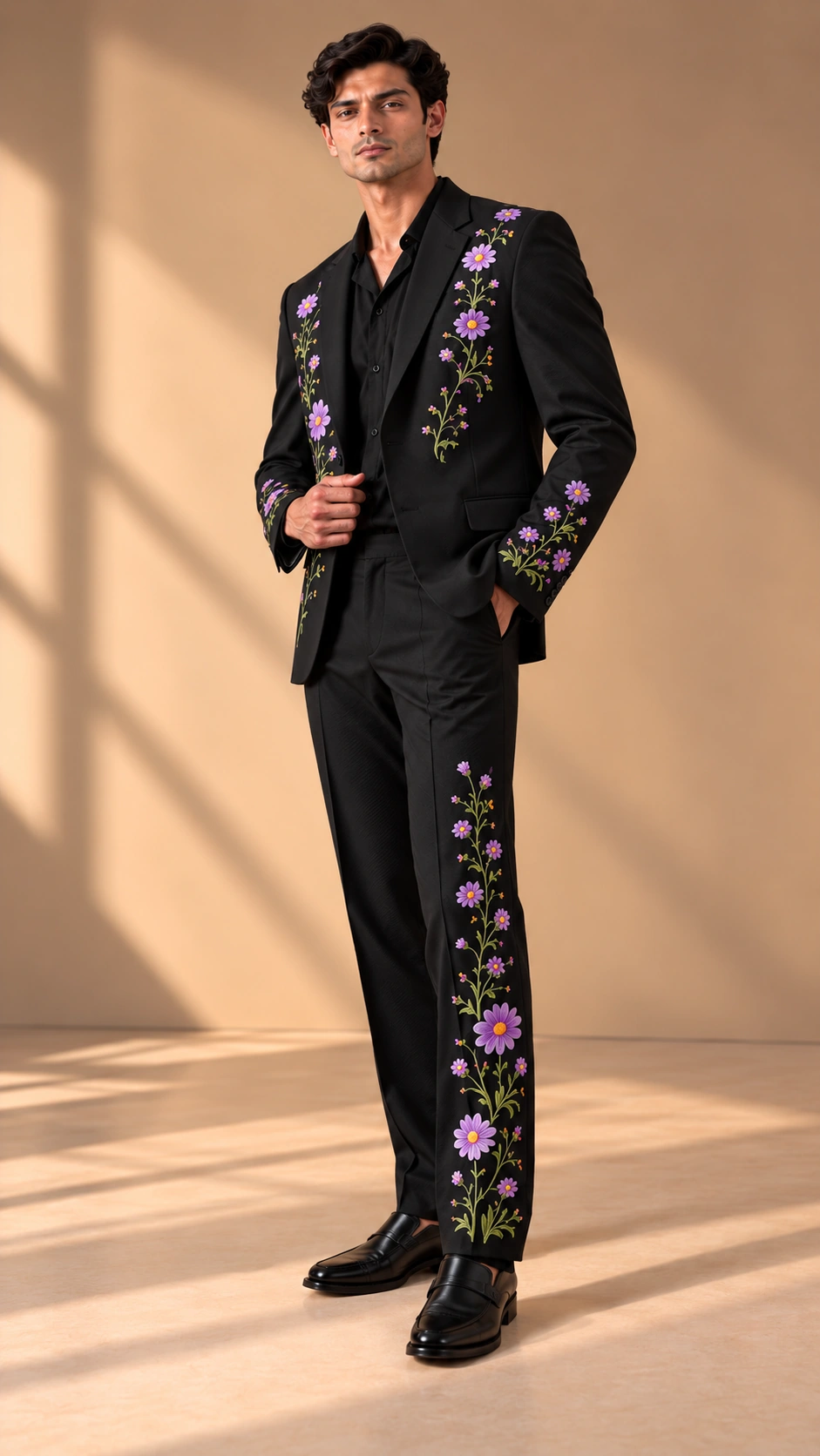 black embroidered men’s suit, purple floral suit men, black wedding suit men, lavender floral embroidered suit, luxury men’s wedding suit, floral Resham suit, designer men’s suit, 2 piece men’s suit.