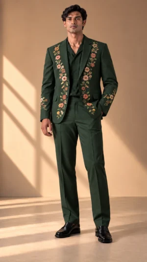 forest green wedding suit men, green floral embroidered suit, luxury groom suit, floral Resham men’s suit, designer wedding suit men, embroidered formal suit, 2 piece men’s suit, wedding guest suit men.