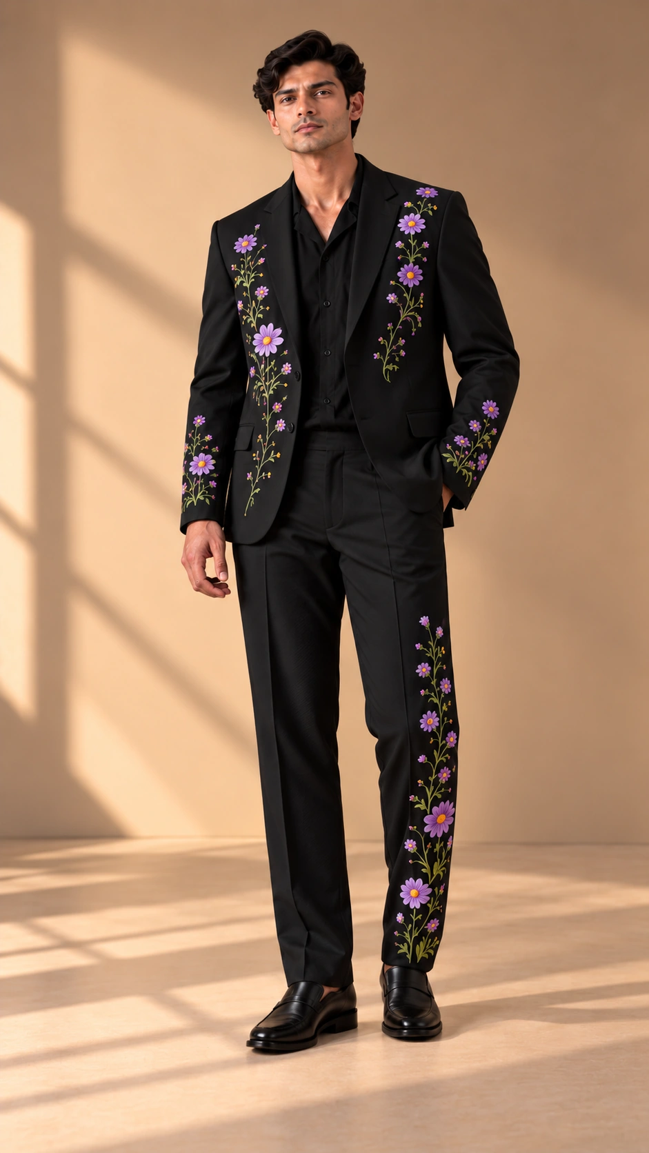 black embroidered men’s suit, purple floral suit men, black wedding suit men, lavender floral embroidered suit, luxury men’s wedding suit, floral Resham suit, designer men’s suit, 2 piece men’s suit.