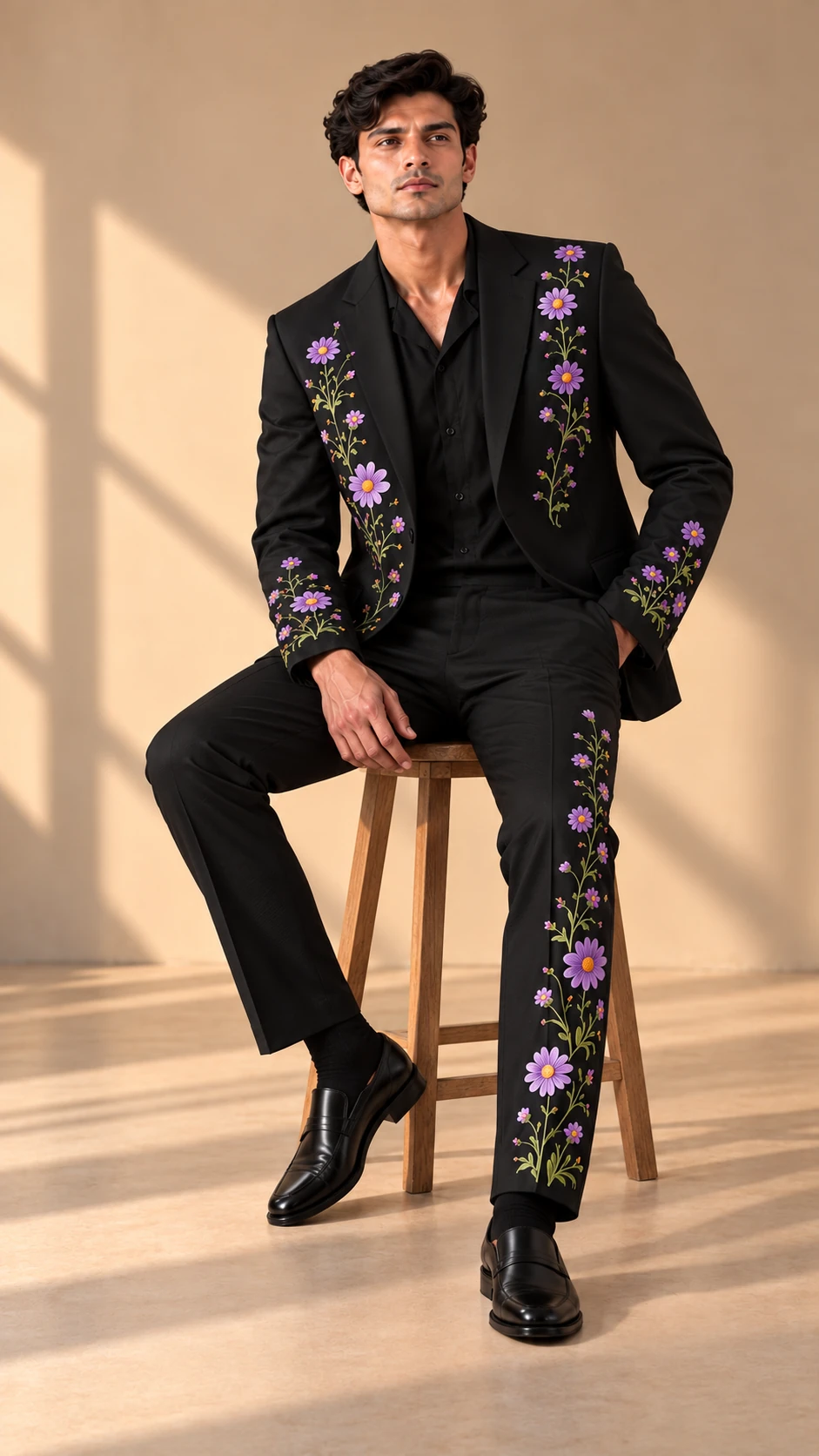 black embroidered men’s suit, purple floral suit men, black wedding suit men, lavender floral embroidered suit, luxury men’s wedding suit, floral Resham suit, designer men’s suit, 2 piece men’s suit.