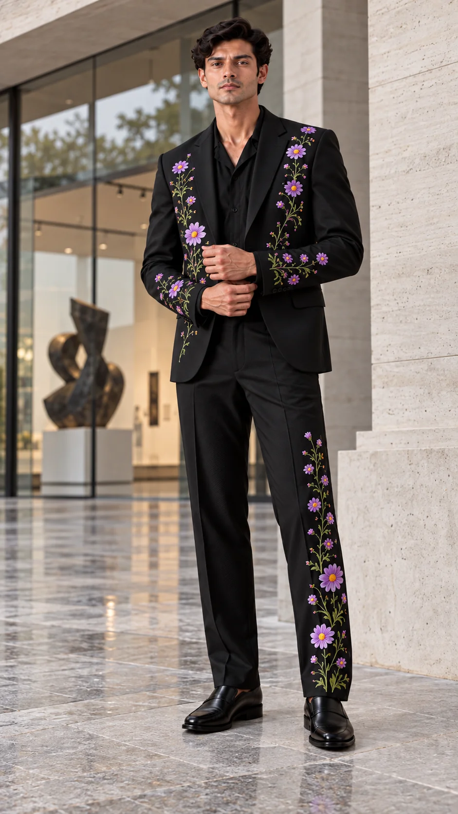black embroidered men’s suit, purple floral suit men, black wedding suit men, lavender floral embroidered suit, luxury men’s wedding suit, floral Resham suit, designer men’s suit, 2 piece men’s suit.