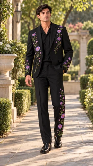 black embroidered men’s suit, purple floral suit men, black wedding suit men, lavender floral embroidered suit, luxury men’s wedding suit, floral Resham suit, designer men’s suit, 2 piece men’s suit.