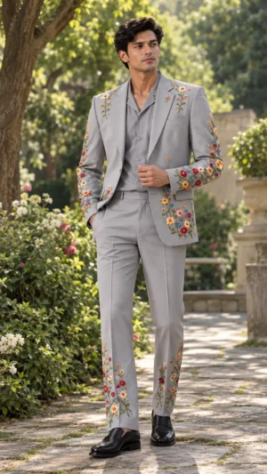 light grey wedding suit men, grey floral embroidered suit, luxury men’s wedding suit, multicolor floral suit men, embroidered groom suit, designer wedding suit men, 2 piece men’s suit, wedding guest suit men.