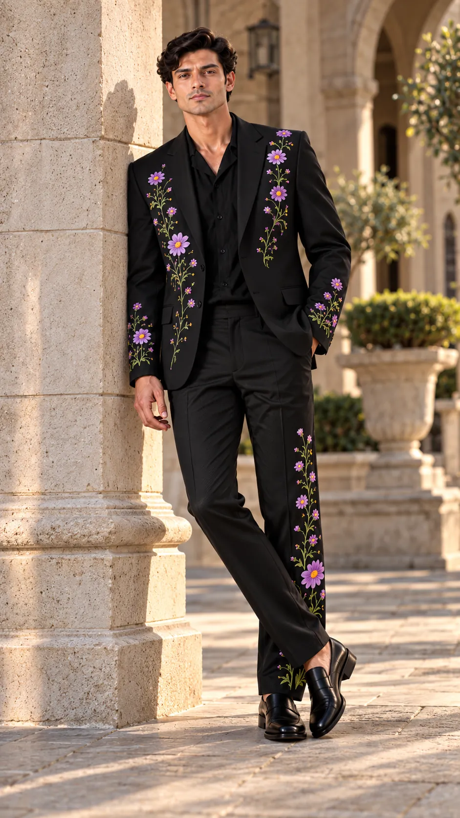 black embroidered men’s suit, purple floral suit men, black wedding suit men, lavender floral embroidered suit, luxury men’s wedding suit, floral Resham suit, designer men’s suit, 2 piece men’s suit.