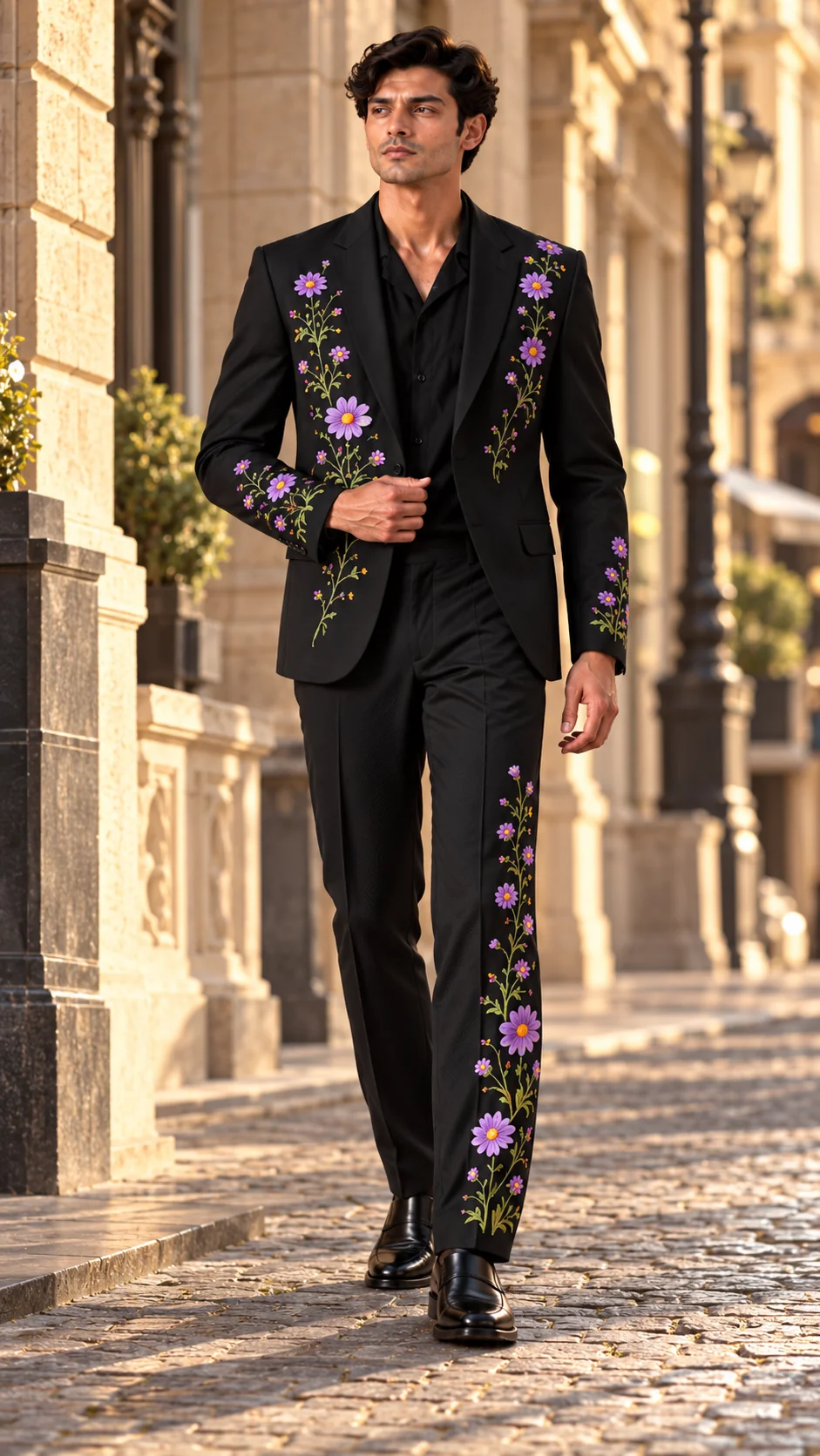 black embroidered men’s suit, purple floral suit men, black wedding suit men, lavender floral embroidered suit, luxury men’s wedding suit, floral Resham suit, designer men’s suit, 2 piece men’s suit.