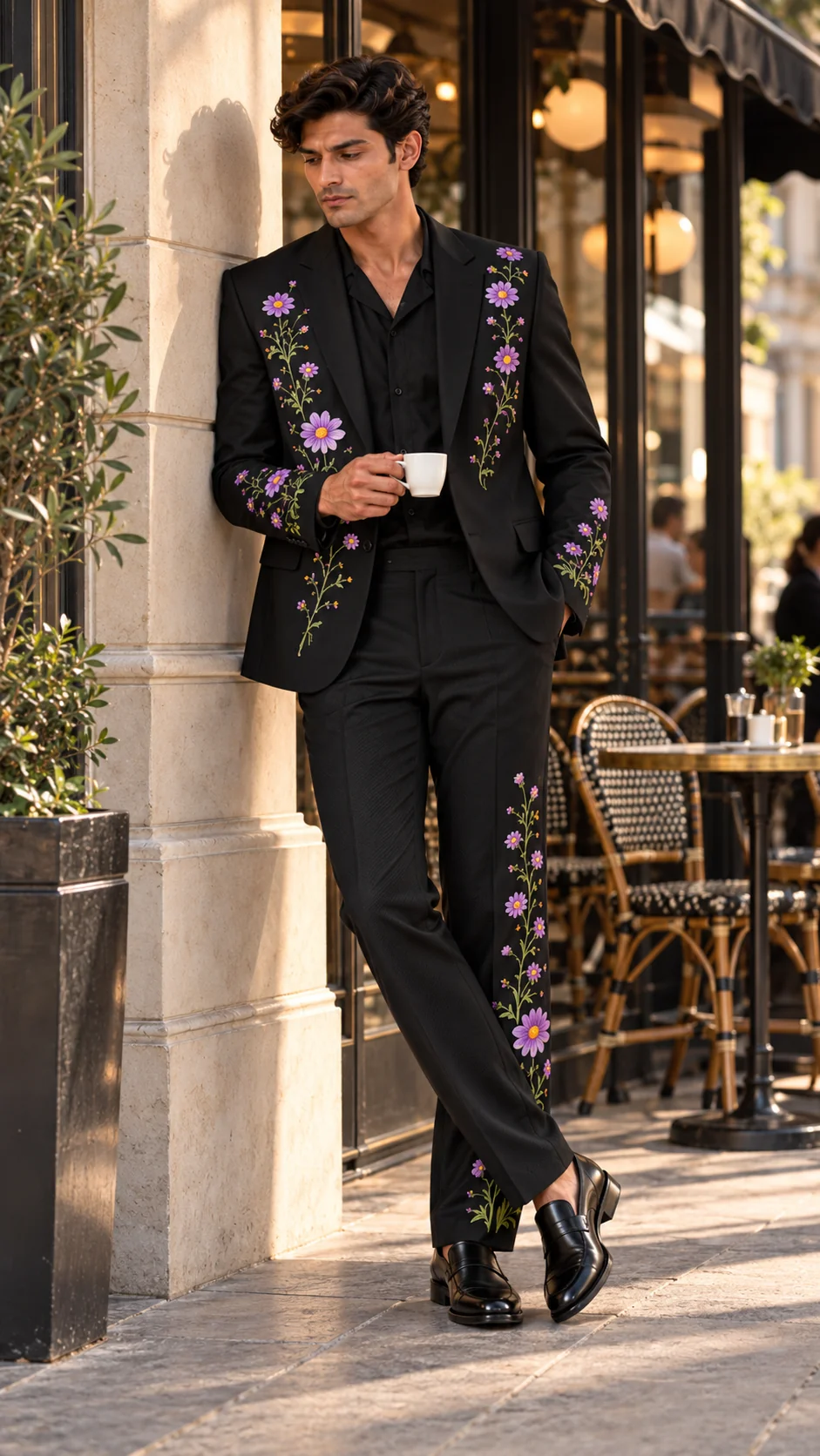 black embroidered men’s suit, purple floral suit men, black wedding suit men, lavender floral embroidered suit, luxury men’s wedding suit, floral Resham suit, designer men’s suit, 2 piece men’s suit.