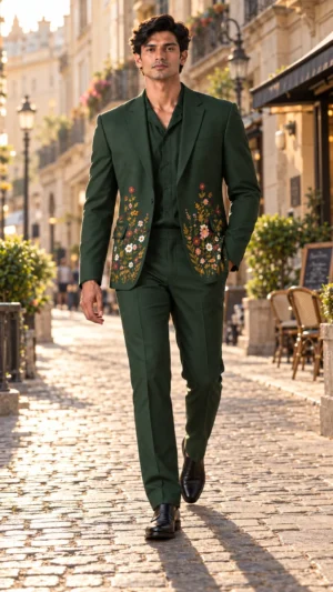 - Forest green wedding suit men - Green floral embroidered suit - Luxury groom suit - Floral embroidered men’s suit - Designer wedding suit men - TR Viscose men’s suit - 2 piece men’s suit - Wedding guest suit men