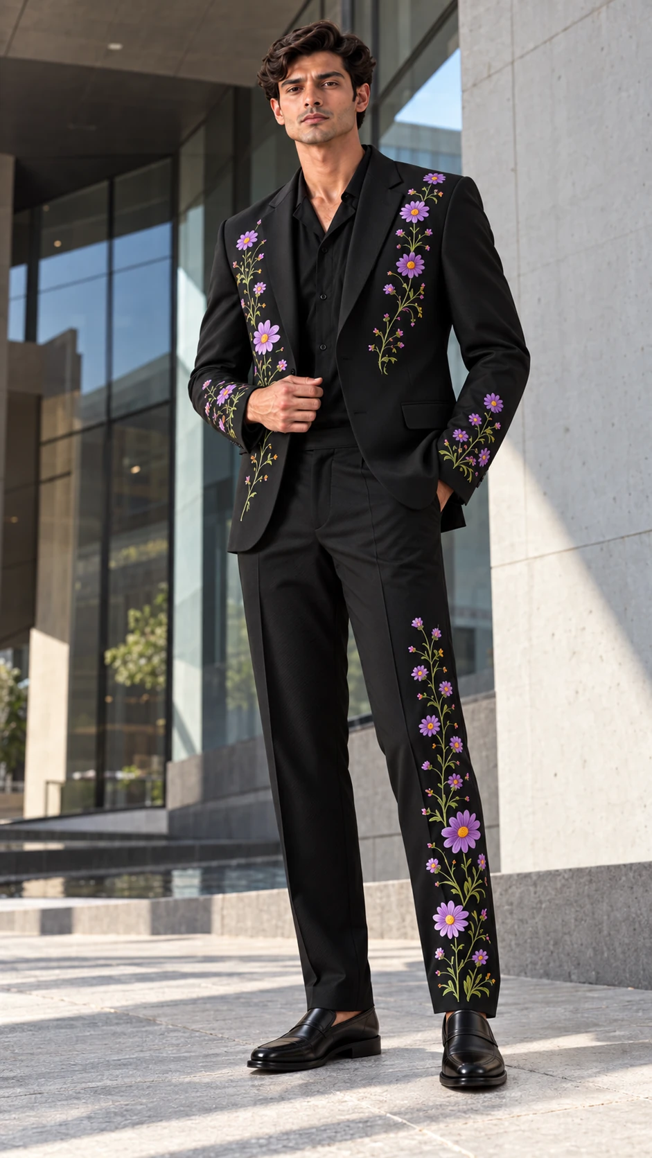 black embroidered men’s suit, purple floral suit men, black wedding suit men, lavender floral embroidered suit, luxury men’s wedding suit, floral Resham suit, designer men’s suit, 2 piece men’s suit.