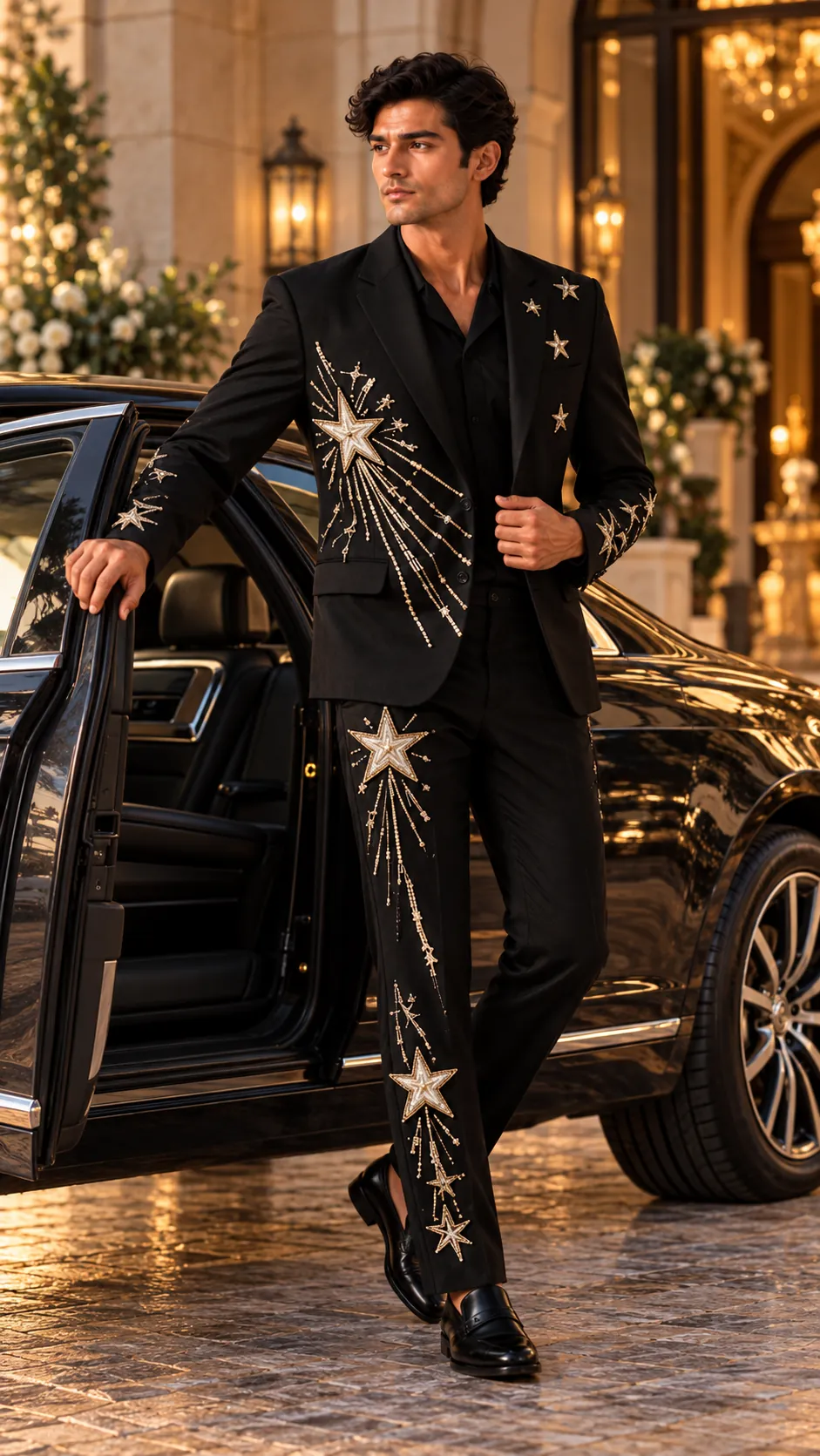 Black Starburst Embroidered Men’s Suit, Luxury 2 Piece Wedding Suit, Designer Celestial Suit, Premium TR Viscose - Image 2