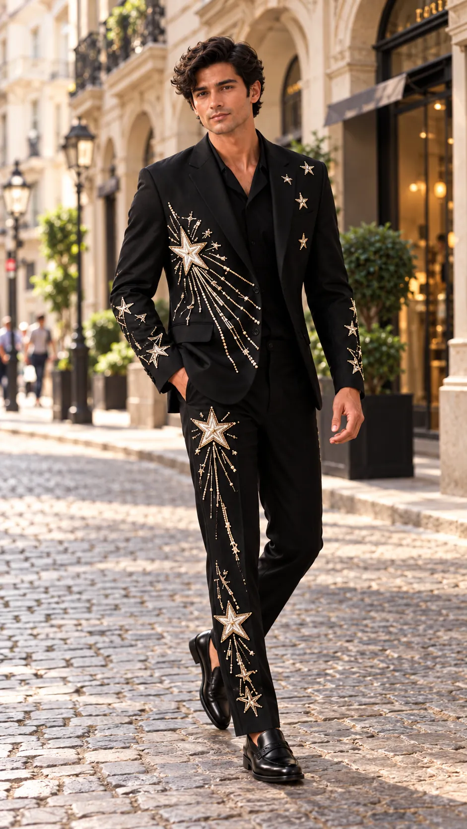 black embroidered men’s suit, black wedding suit men, star embroidered suit, celestial men’s suit, luxury black suit, designer wedding suit men, 2 piece men’s suit, groom suit men, statement suit men