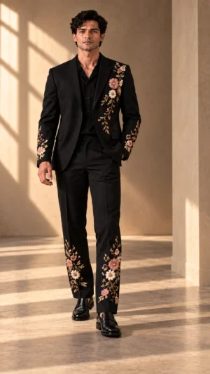 black embroidered men’s suit, black wedding suit men, luxury black suit, floral wedding suit men, designer embroidered suit, luxury men’s suit, 2 piece men’s suit, wedding guest suit men