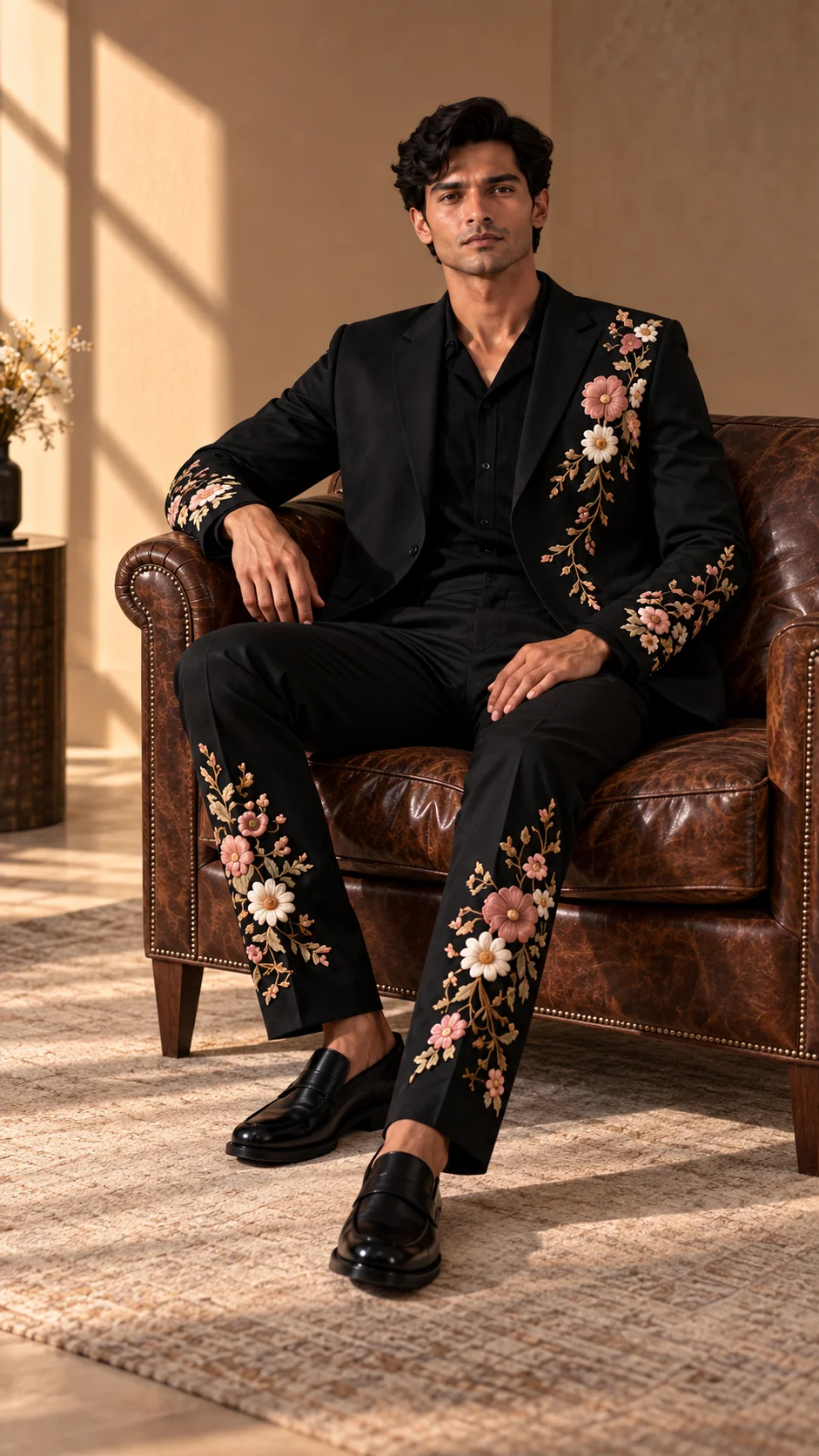 black embroidered men’s suit, black wedding suit men, luxury black suit, floral wedding suit men, designer embroidered suit, luxury men’s suit, 2 piece men’s suit, wedding guest suit men