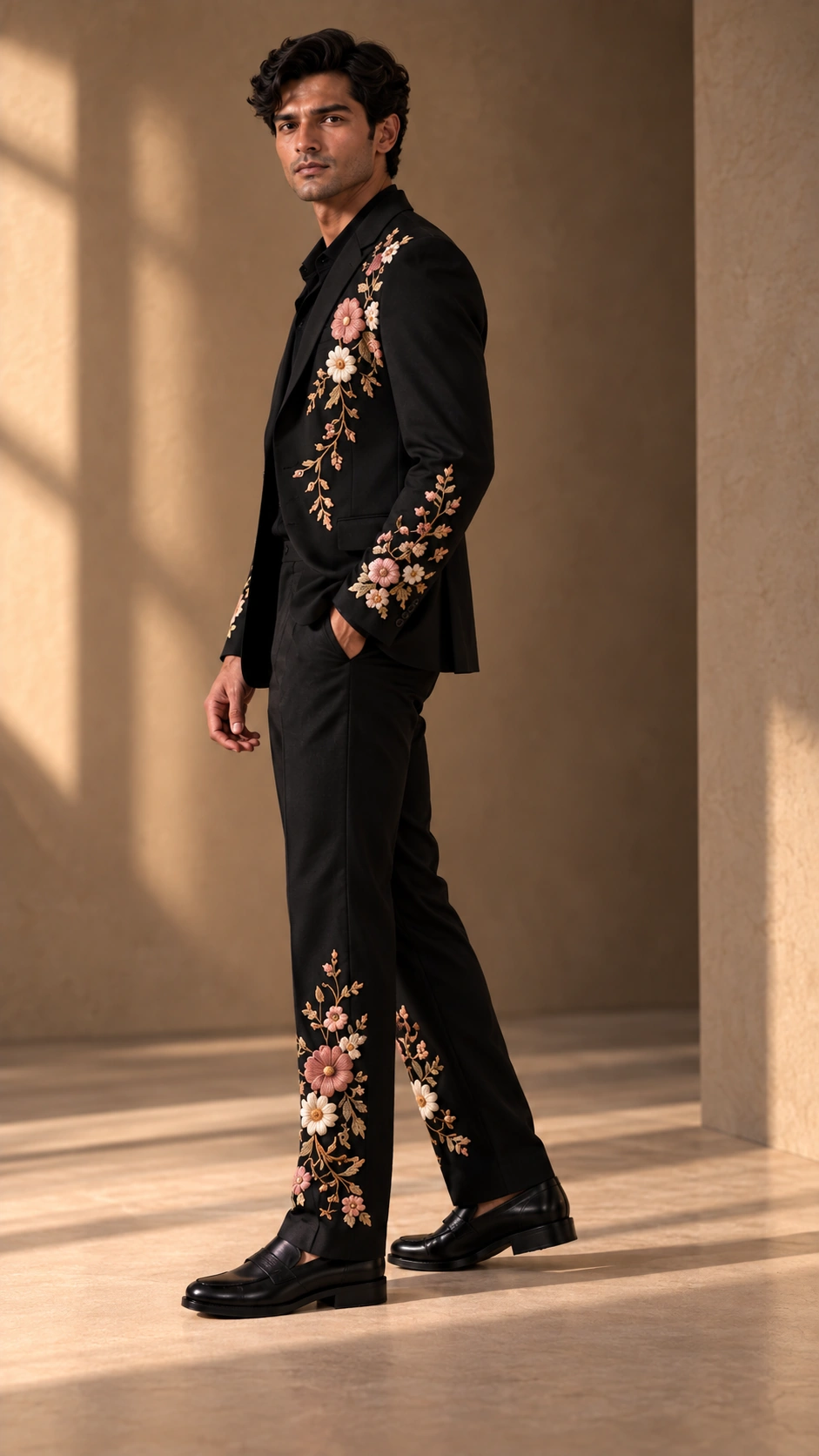 black embroidered men’s suit, black wedding suit men, luxury black suit, floral wedding suit men, designer embroidered suit, luxury men’s suit, 2 piece men’s suit, wedding guest suit men