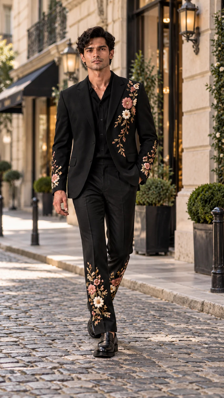 black embroidered men’s suit, black wedding suit men, luxury black suit, floral wedding suit men, designer embroidered suit, luxury men’s suit, 2 piece men’s suit, wedding guest suit men