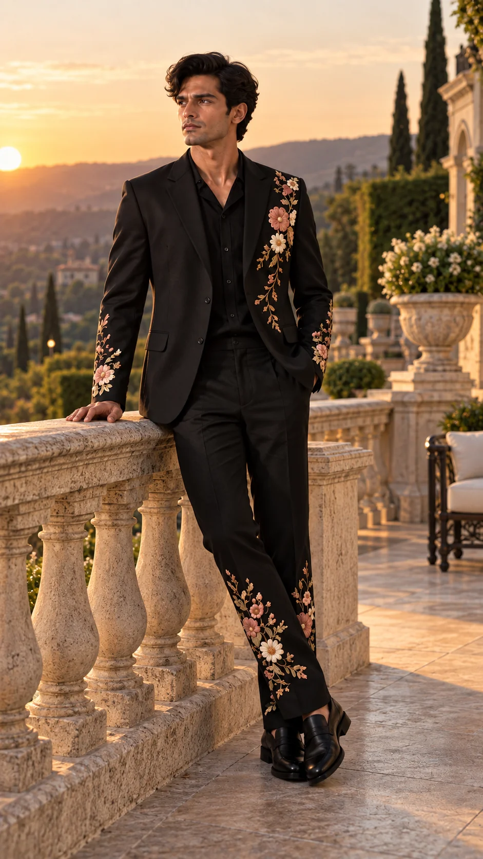 black embroidered men’s suit, black wedding suit men, luxury black suit, floral wedding suit men, designer embroidered suit, luxury men’s suit, 2 piece men’s suit, wedding guest suit men