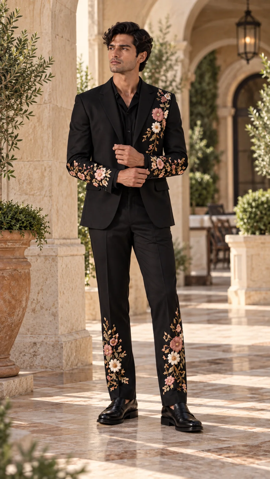 black embroidered men’s suit, black wedding suit men, luxury black suit, floral wedding suit men, designer embroidered suit, luxury men’s suit, 2 piece men’s suit, wedding guest suit men