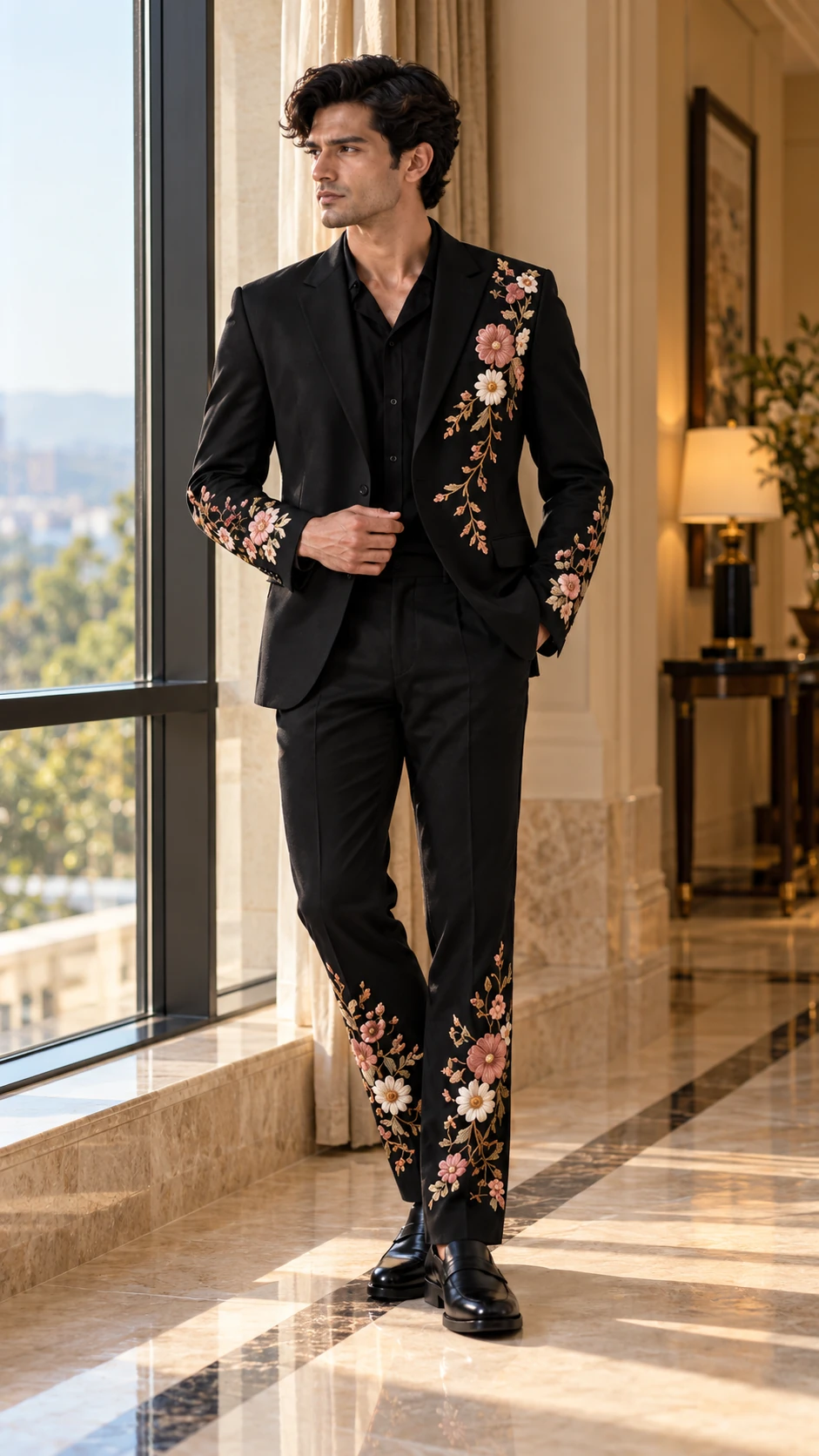 black embroidered men’s suit, black wedding suit men, luxury black suit, floral wedding suit men, designer embroidered suit, luxury men’s suit, 2 piece men’s suit, wedding guest suit men