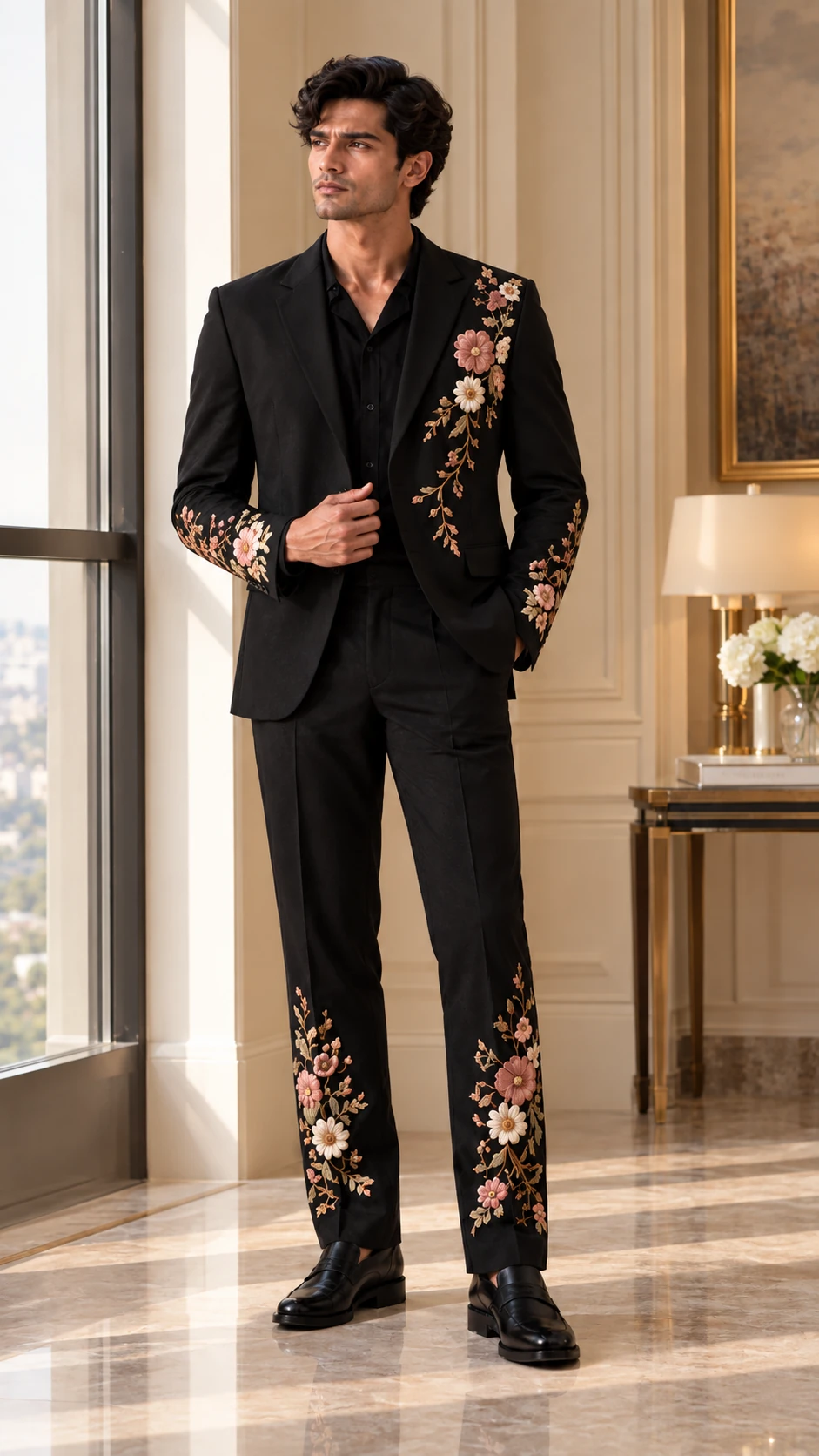 black embroidered men’s suit, black wedding suit men, luxury black suit, floral wedding suit men, designer embroidered suit, luxury men’s suit, 2 piece men’s suit, wedding guest suit men