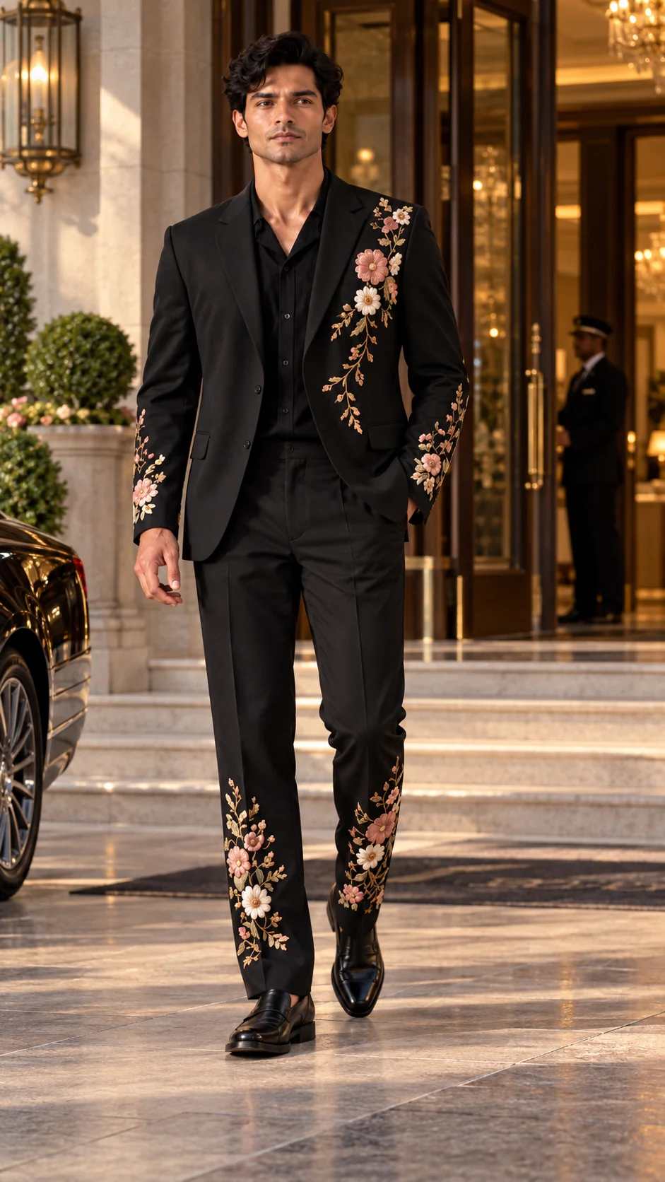 black embroidered men’s suit, black wedding suit men, luxury black suit, floral wedding suit men, designer embroidered suit, luxury men’s suit, 2 piece men’s suit, wedding guest suit men
