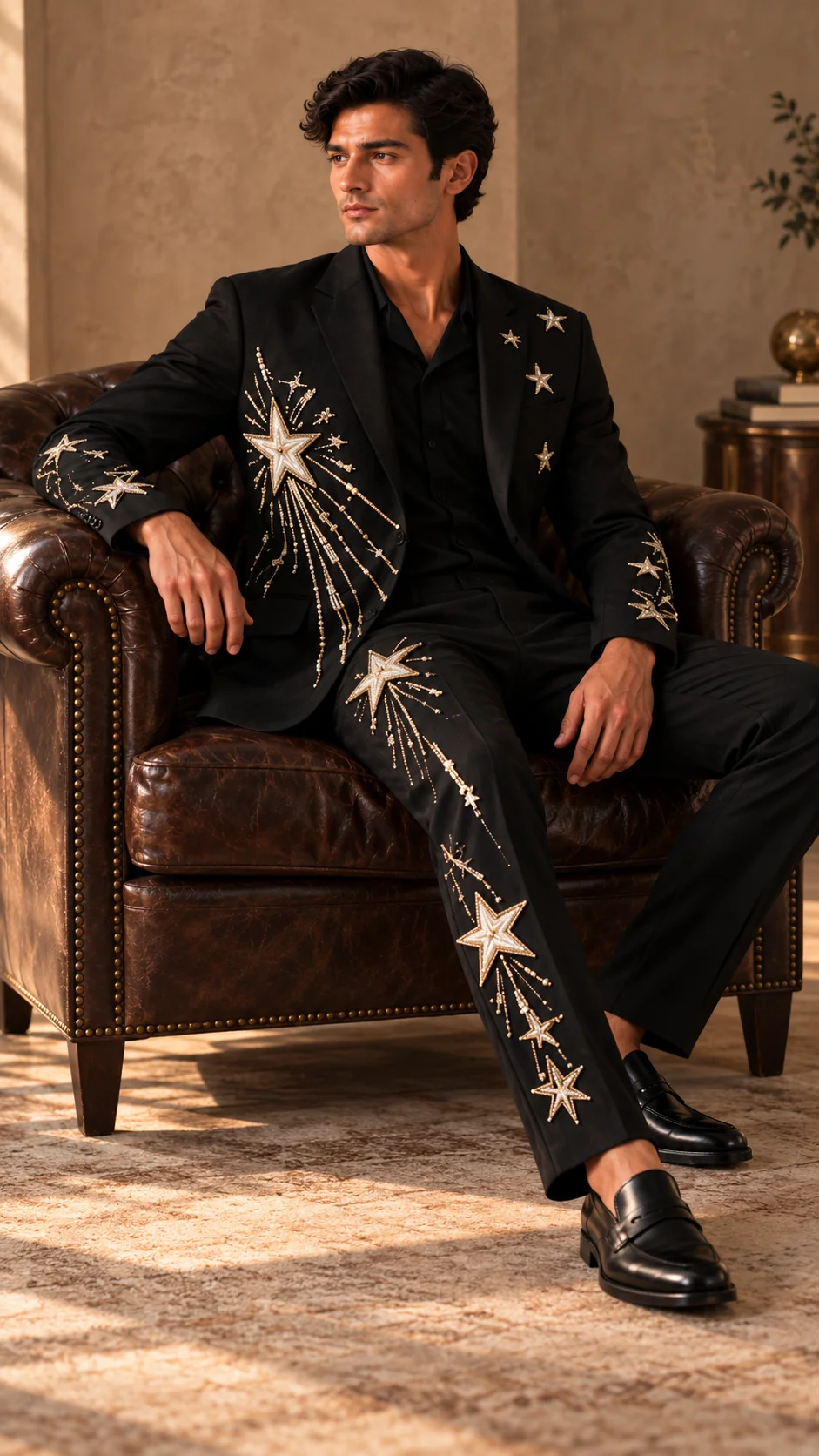 black embroidered men’s suit, black wedding suit men, star embroidered suit, celestial men’s suit, luxury black suit, designer wedding suit men, 2 piece men’s suit, groom suit men, statement suit men