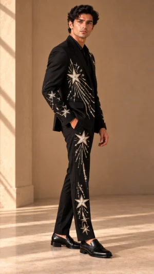 black embroidered men’s suit, black wedding suit men, star embroidered suit, celestial men’s suit, luxury black suit, designer wedding suit men, 2 piece men’s suit, groom suit men, statement suit men
