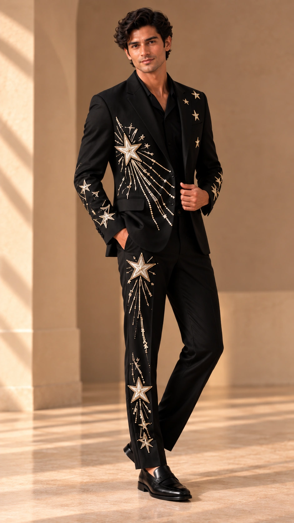 black embroidered men’s suit, black wedding suit men, star embroidered suit, celestial men’s suit, luxury black suit, designer wedding suit men, 2 piece men’s suit, groom suit men, statement suit men