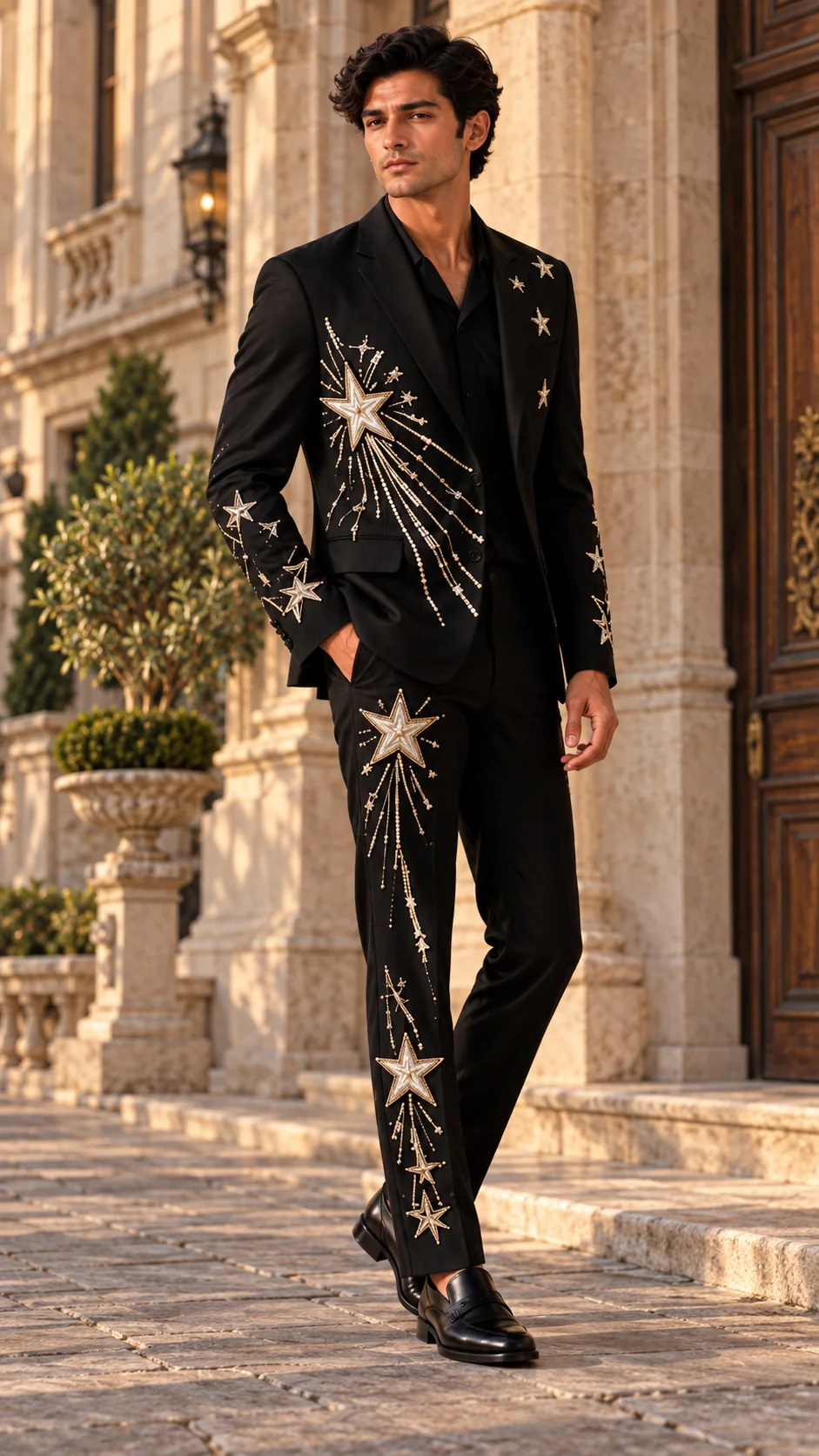 black embroidered men’s suit, black wedding suit men, star embroidered suit, celestial men’s suit, luxury black suit, designer wedding suit men, 2 piece men’s suit, groom suit men, statement suit men