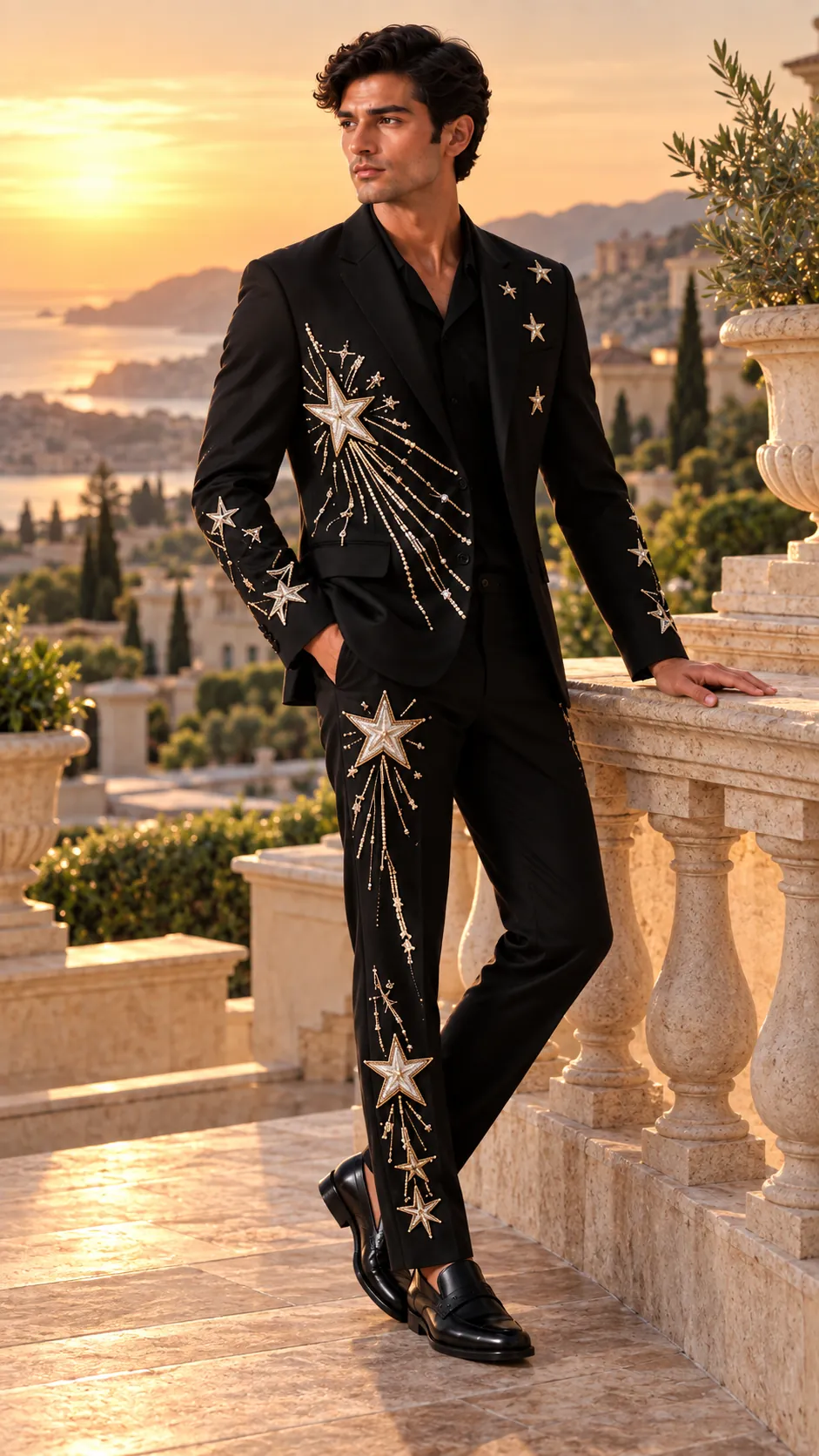 black embroidered men’s suit, black wedding suit men, star embroidered suit, celestial men’s suit, luxury black suit, designer wedding suit men, 2 piece men’s suit, groom suit men, statement suit men