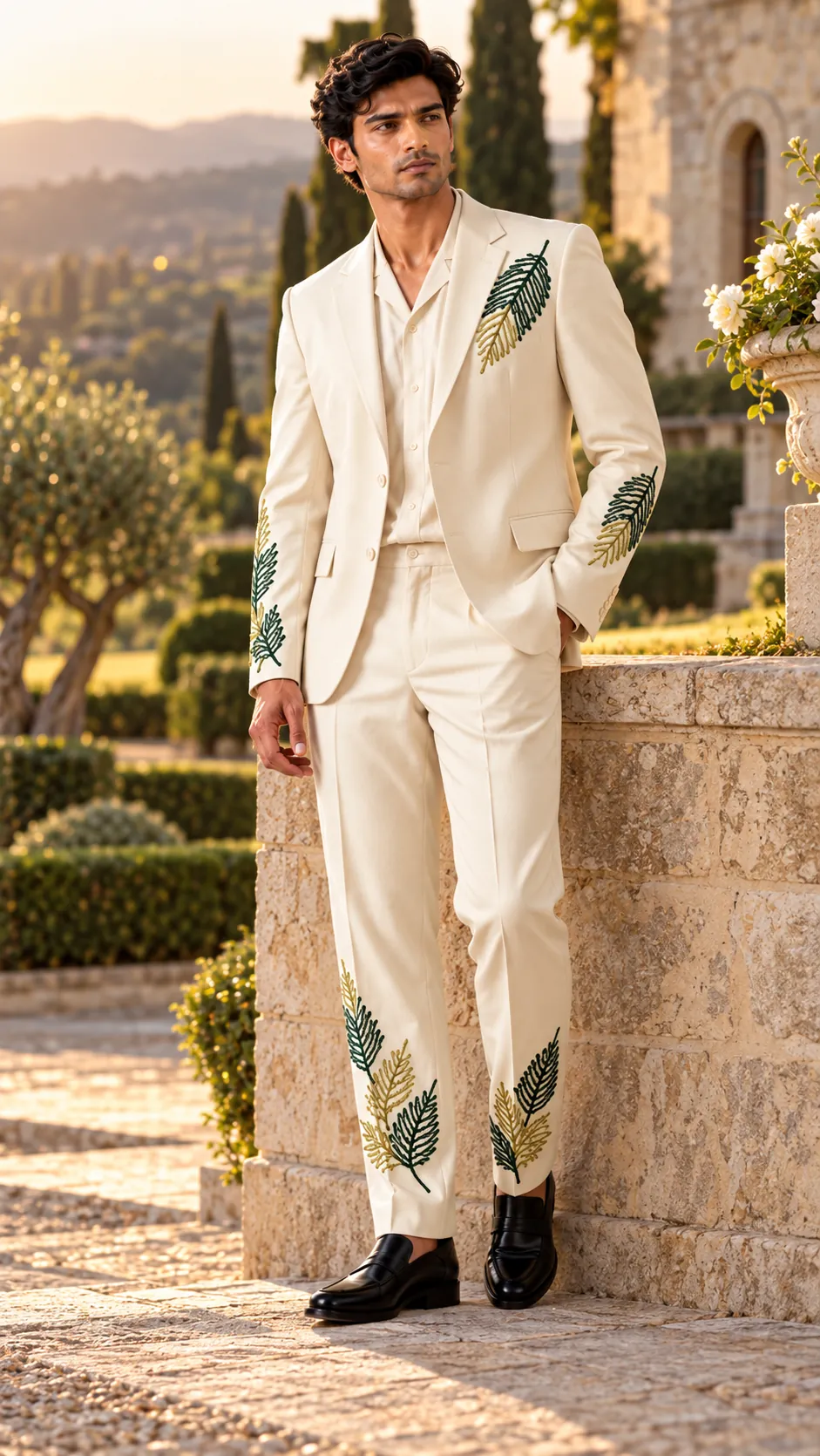ivory wedding suit men, botanical wedding suit men, embroidered groom suit, luxury men’s wedding suit, green gold embroidered suit, leaf embroidered men’s suit, designer wedding suit men, 2 piece men’s suit