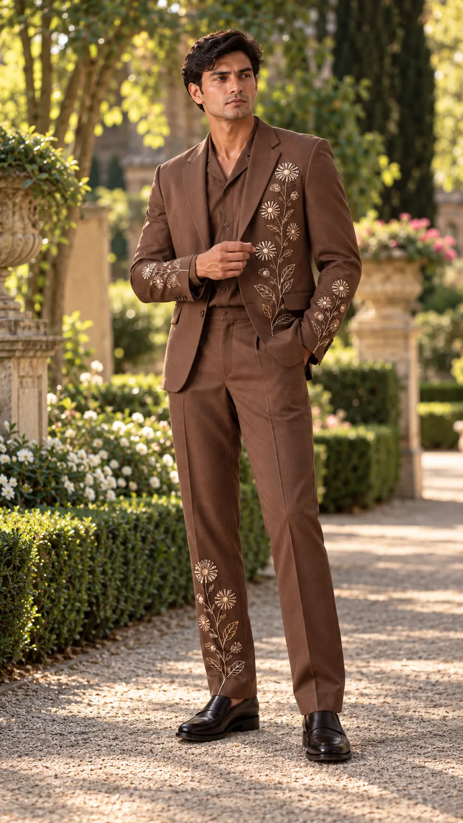 chocolate brown men’s suit, brown wedding suit men, floral embroidered men’s suit, luxury brown suit, embroidered wedding suit, designer suit men, 2 piece men’s suit, wedding guest suit men