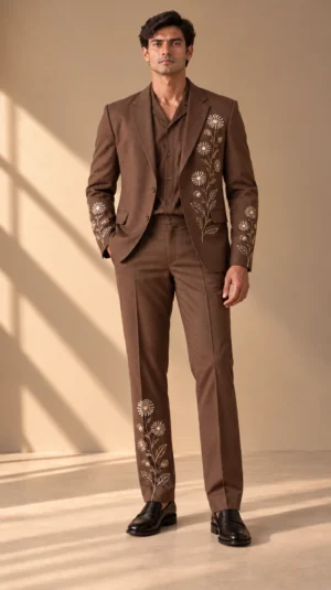 chocolate brown men’s suit, brown wedding suit men, floral embroidered men’s suit, luxury brown suit, embroidered wedding suit, designer suit men, 2 piece men’s suit, wedding guest suit men