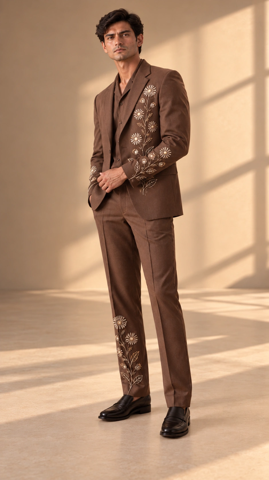 chocolate brown men’s suit, brown wedding suit men, floral embroidered men’s suit, luxury brown suit, embroidered wedding suit, designer suit men, 2 piece men’s suit, wedding guest suit men