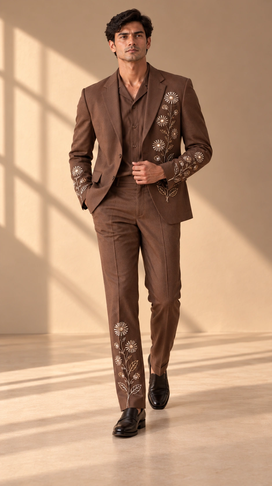 chocolate brown men’s suit, brown wedding suit men, floral embroidered men’s suit, luxury brown suit, embroidered wedding suit, designer suit men, 2 piece men’s suit, wedding guest suit men
